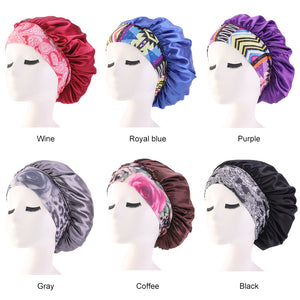 Wide Band Satin Printed Bonnet For Curly Hair Old Fashioned TJM-405B