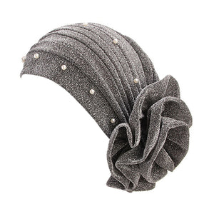Beaded Flower Turban Head Wrap Bright Silk With Pearl TJM-322A