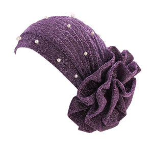 Beaded Flower Turban Head Wrap Bright Silk With Pearl TJM-322A