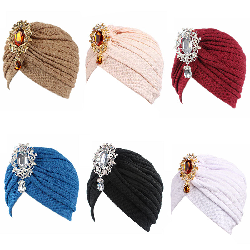 Women's Ruffle Turban Hat Knit Turban Headwraps with Detachable Crystal Brooch TJM-30B