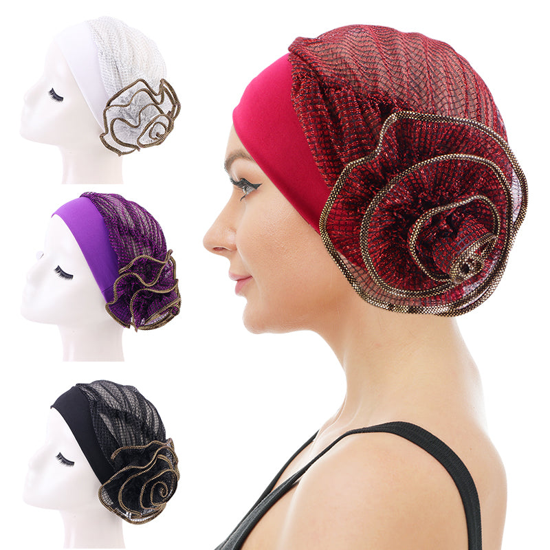 Shiny Flower Turban Hat Muslim Hijab Headwear Bandanas Turbante JDT-205A
