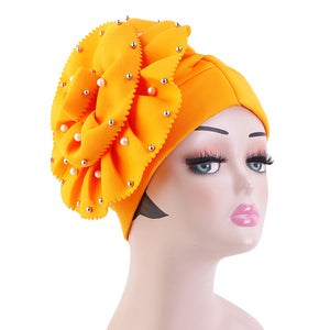 Big Flower Turban Women Muslim Beaded Fashion Head Wrap JDT-419B