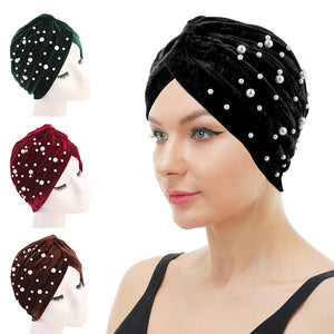 Women Beaded velvet turban Hat knotted headwrap Chemo cap TJM-21F