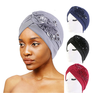 Womens Sequin Flower Turban Elegant Muslim Beanie Head wrap Chemo Cap TJM-24X