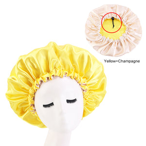 Women Satin Bonnet Double Layer Reversible Color Adjustable Elastic Sleep Cap TJM-256D