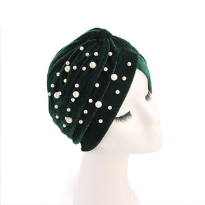 Women Beaded velvet turban Hat knotted headwrap Chemo cap TJM-21F