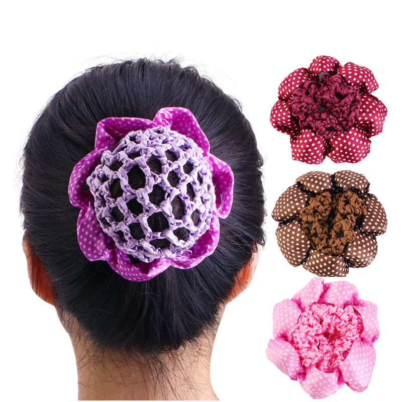 Kids Satin Fabric Dot Lace Hair Net Crochet Head Flower Dance Ballet Headband Hairnet FW-09
