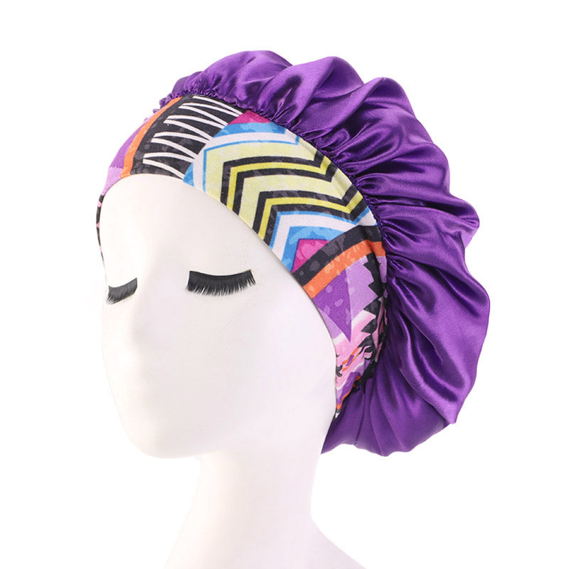 Wide Band Satin Printed Bonnet For Curly Hair Old Fashioned TJM-405B