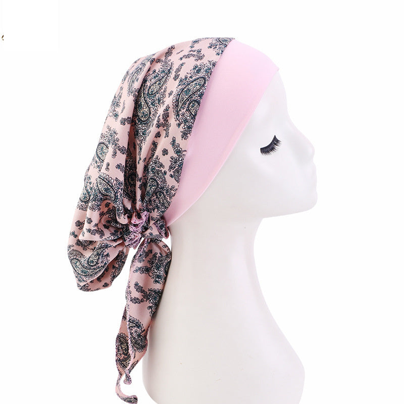 Women Vintage Silky Turbans Head Scarf Elastic Wide Band Printing Chemo Hair Loss Cap TJM-329B